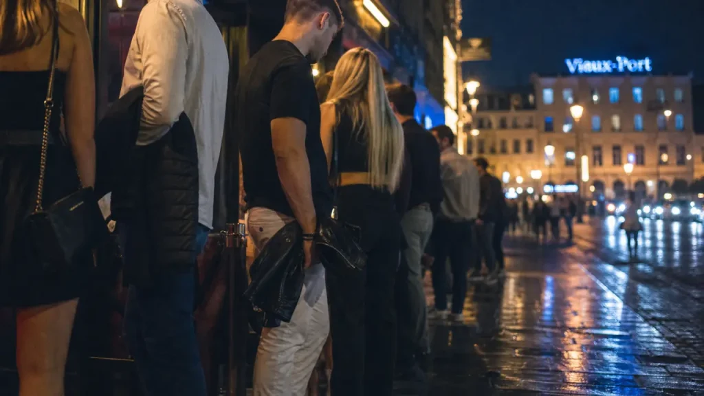 Boite de nuit marseille vieux port : jeunes devant une entrée, nuit au Vieux-Port