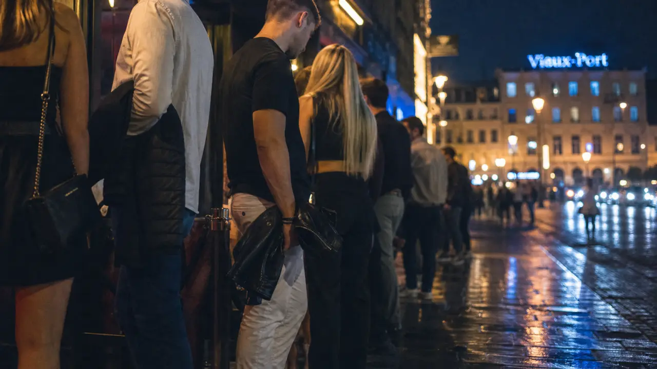 Boite de nuit marseille vieux port : jeunes devant une entrée, nuit au Vieux-Port