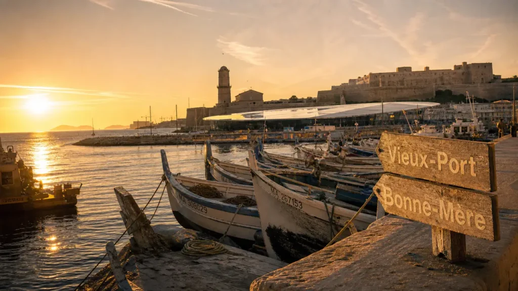 Cose da vedere a marsiglia : Vieux-Port, ombrière et Fort Saint-Jean, vue au golden hour