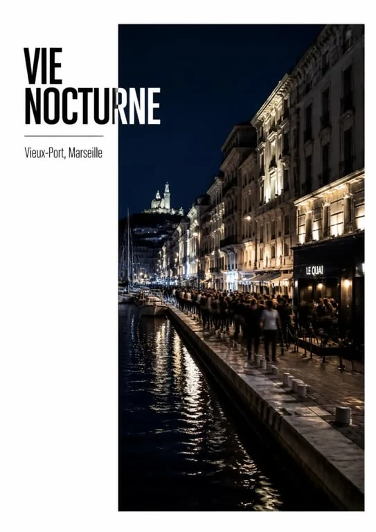 Boite de nuit marseille vieux port : ambiance nocturne du Vieux-Port de Marseille avec façades illuminées et entrée de club sur le quai