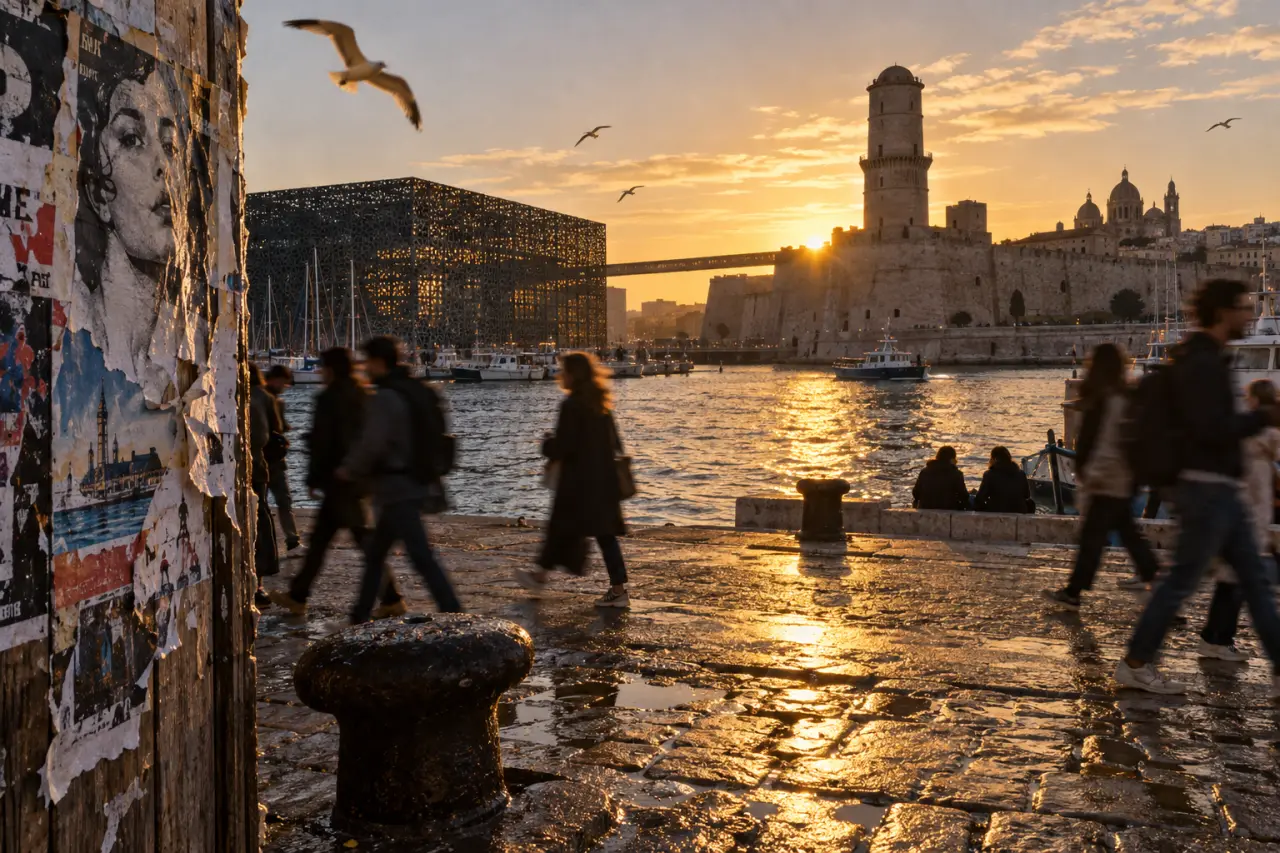 Capitale de la culture marseille : Vieux-Port, MuCEM et Fort Saint-Jean au coucher du soleil