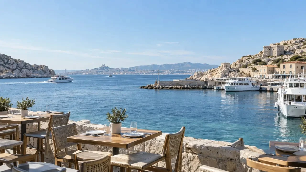 Restaurant île du Frioul avec terrasse face au port et vue sur Marseille