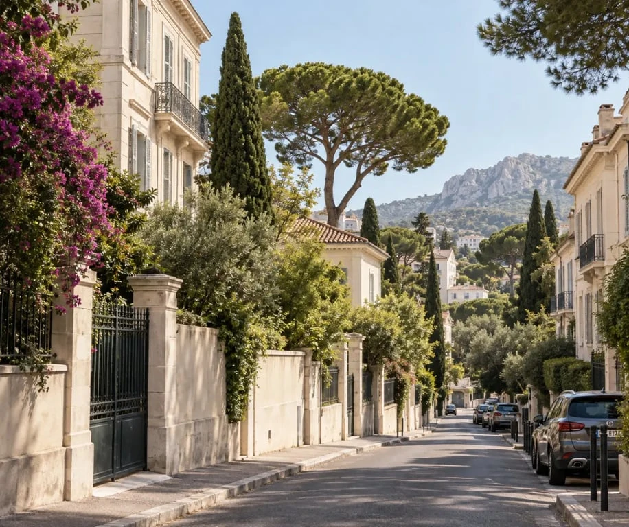 Saint-Giniez à Marseille, rue résidentielle entre patrimoine et végétation méditerranéenne