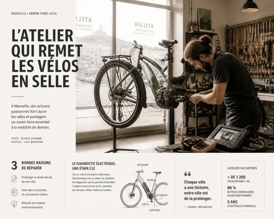 Réparateur vélo Marseille en plein diagnostic d'un vélo électrique dans un atelier