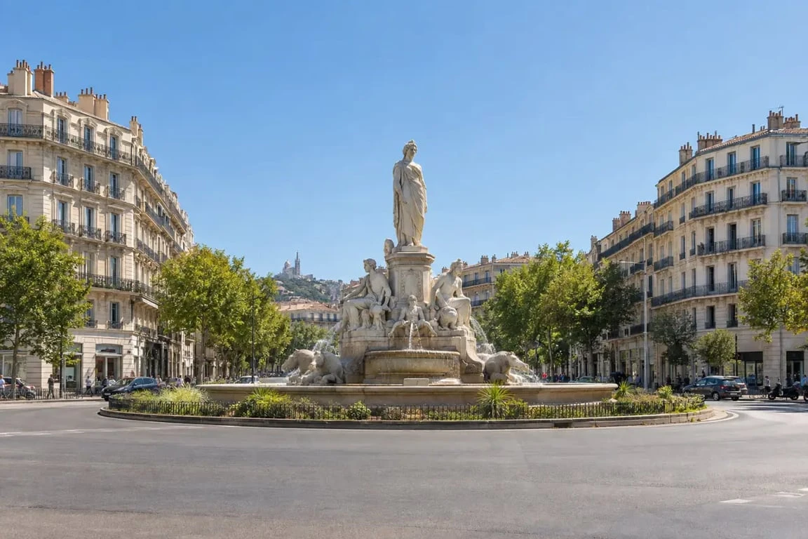 Fontaines Marseille : vue de la fontaine Cantini sur la place Castellane