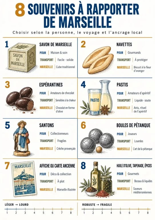 Que ramener de Marseille : infographie des souvenirs typiques, gourmands et artisanaux