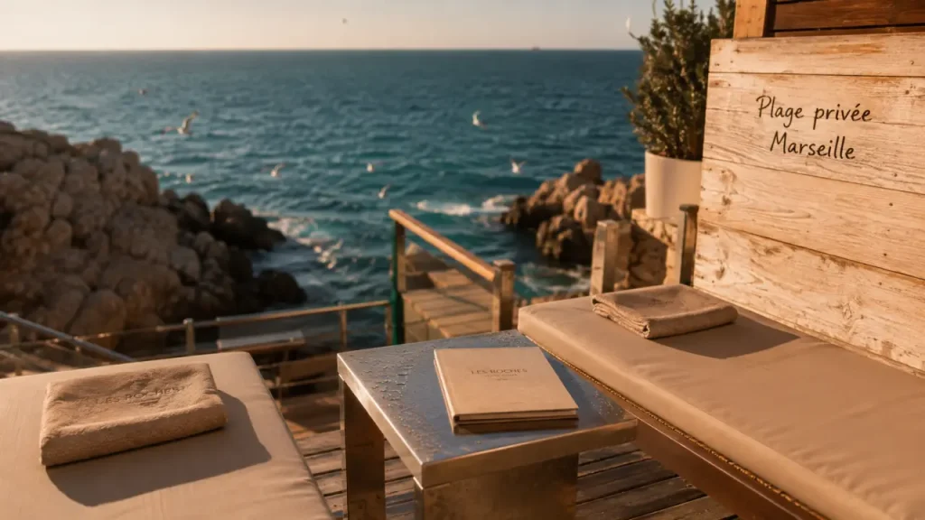 Plage privée à Marseille au golden hour, vue sur Méditerranée et crique