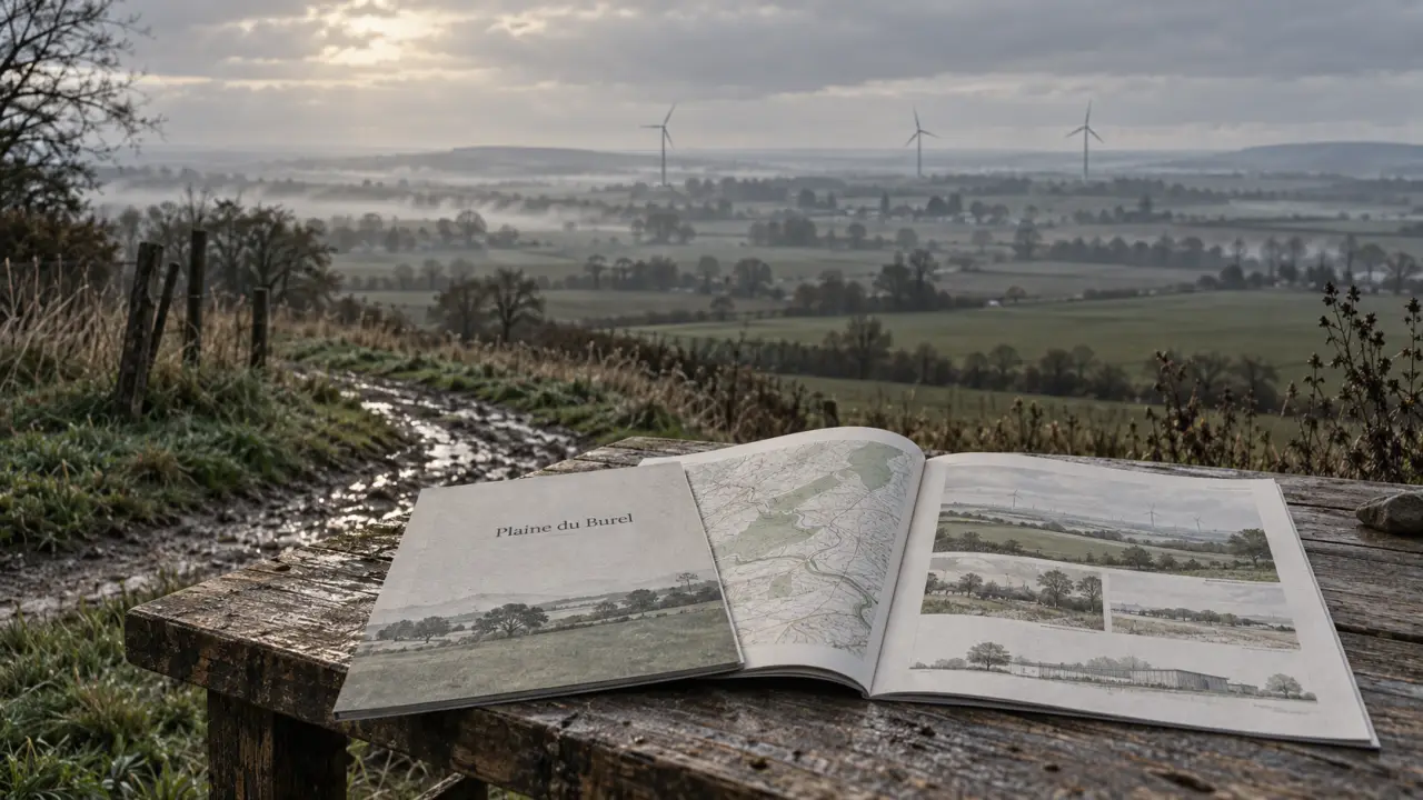 Transition énergétique plaine du burel : études et concertation sur la plaine agricole, éoliennes au loin