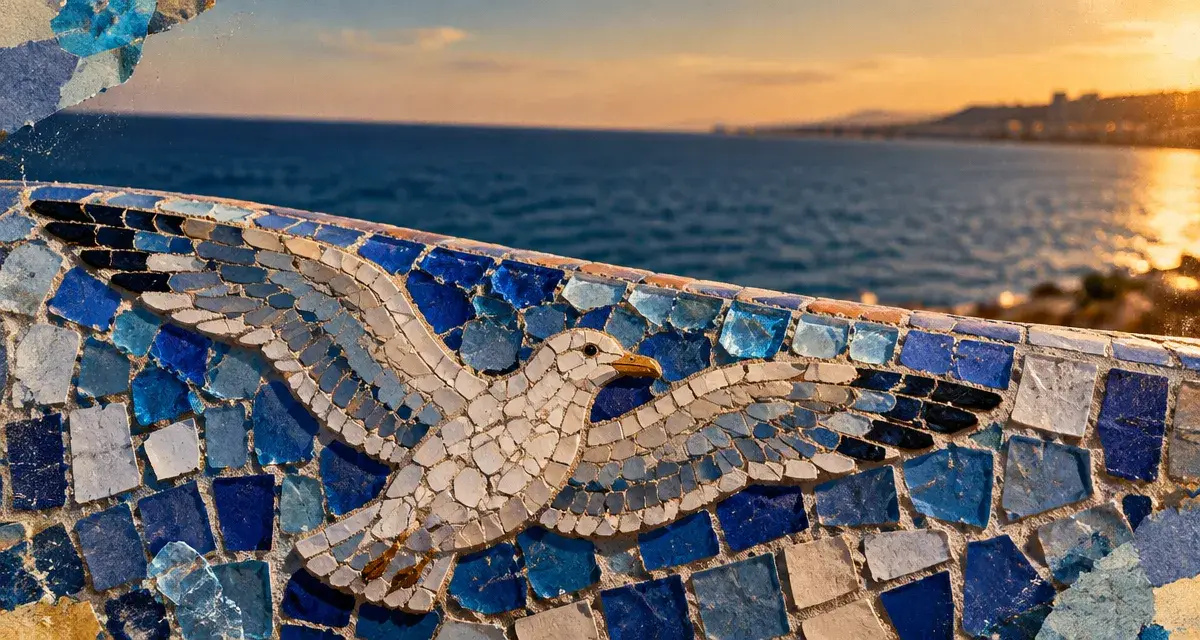 Un gabian en mosaïque rejoint le banc de la Corniche
